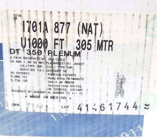 BELDEN 1701A 877 4 PAIR DATATWIST COMMUNICATIONS 350 PLENUM CABLE 4/24 1000FT.