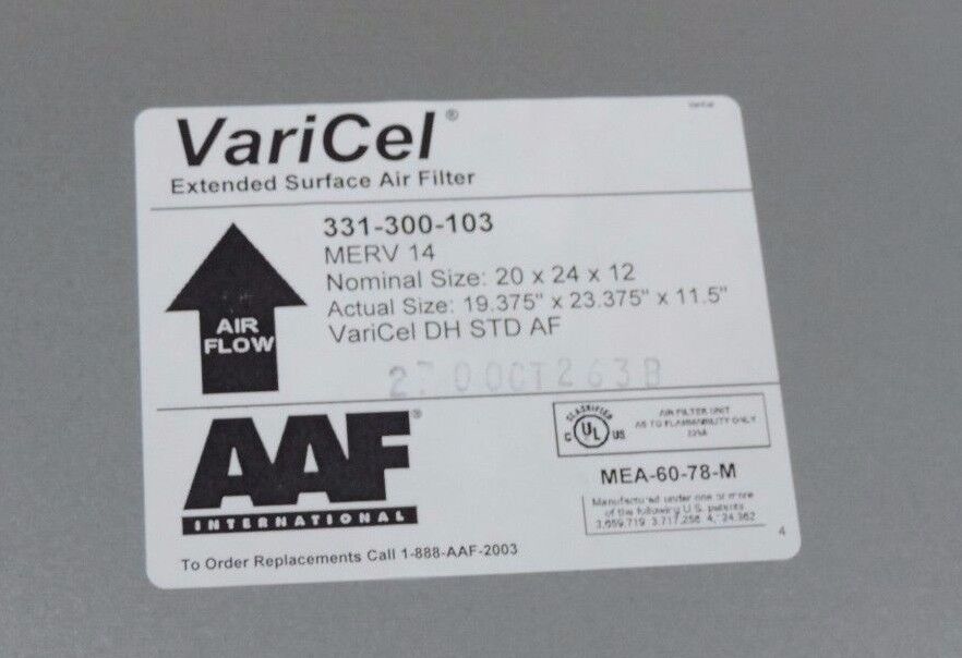 NIB AMERICAN AIR FILTER 331-300-103 VARICEL DH STD AF 20X-24-12, 331300103