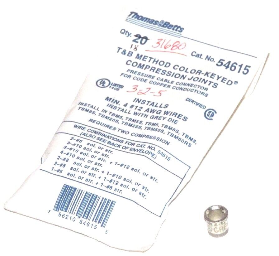 LOT OF 18 THOMAS & BETTS 54615 COMPRESSION JOINTS PRESSURE CABLE CONNECTORS
