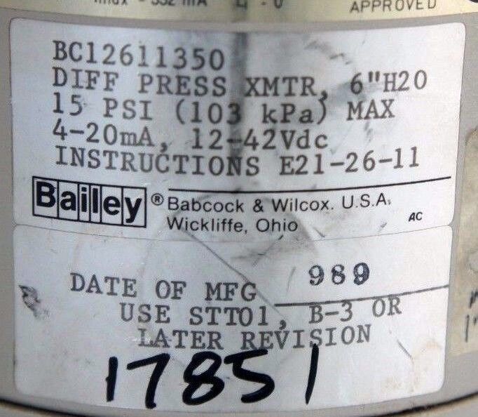 BAILEY BC12611350 DIFF PRESSURE TRANSMITTER 6"H2O W/ 25710006IWG TRANSDUCER 9/39