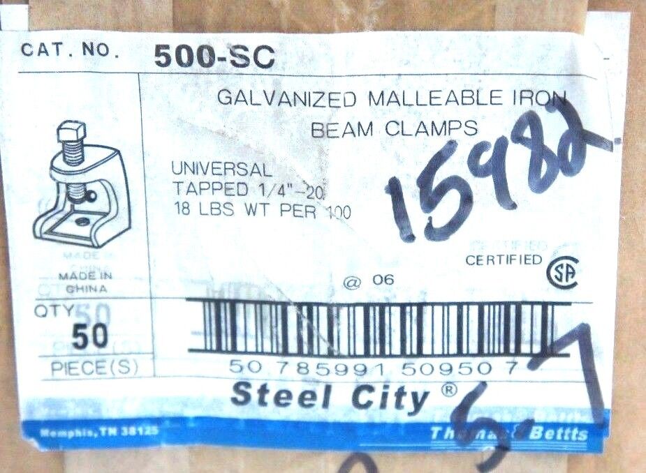 BOX OF 50 NEW STEEL CITY 500-SC GALVANIZED MALLEABLE IRON BEAM CLAMPS 1/4"
