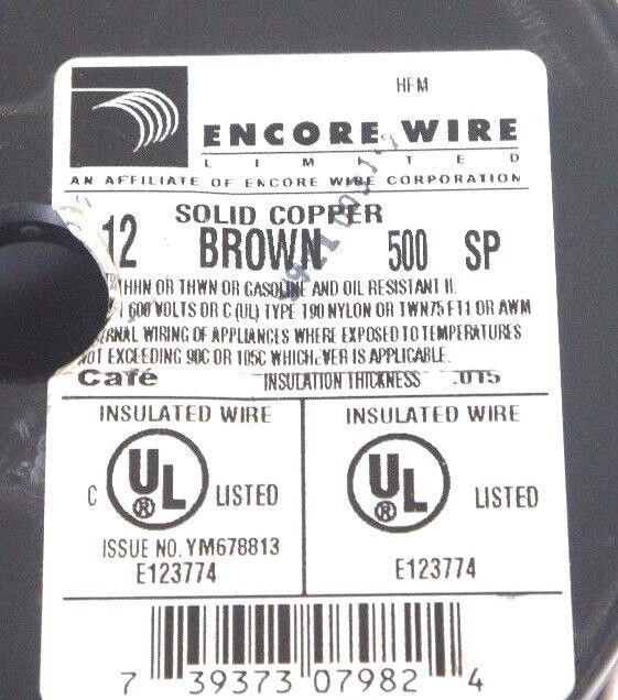 NEW ENCORE WIRE YM678813 12 AWG BROWN SOLID COPPER WIRE 500FT E123774