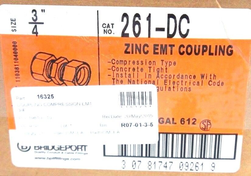 BOX OF 24 BRIDGEPORT 261-DC EMT COUPLINGS 3/4" COMPRESSION TYPE CONCRETE TIGHT