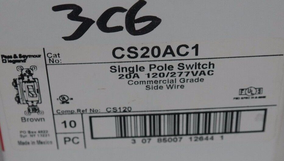 BOX OF 10 NEW PASS & SEYMOUR CS20AC1 SINGLE POLE SWITCHES 20A 120/277VAC