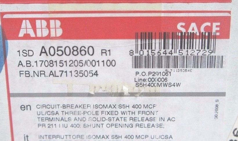 NIB ABB S5H400MWS4W MCP S5H 400A 3P I ST WELDING CIRCUIT BREAKER