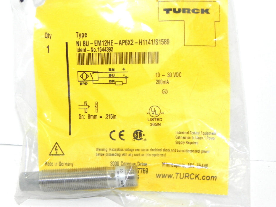 NIB TURCK NI8-UEM12HE-AP6X2-H1141/S1589 PROXIMITY SENSOR IDENT-NO. 1644392