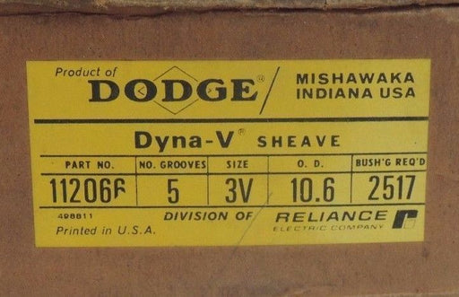 NEW DODGE 112066 DYNA-V SHEAVE SIZE 3V, 5 GROOVES, O.D. 10.6" 2517 BUSHING REQ'D