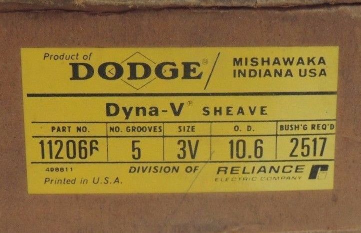 NEW DODGE 112066 DYNA-V SHEAVE SIZE 3V, 5 GROOVES, O.D. 10.6" 2517 BUSHING REQ'D