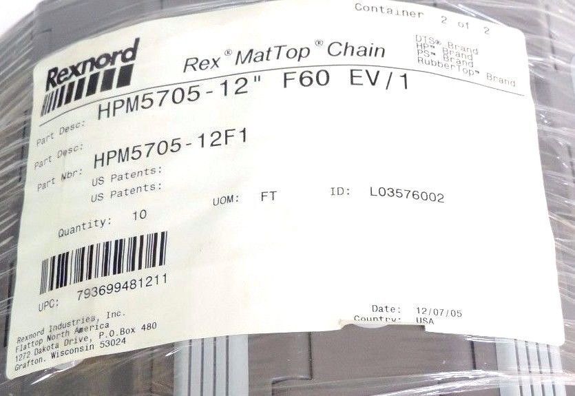 NEW REXNORD HPM5705-12F1 10FT MAT-TOP CHAIN HPM5705-12" F60 EV/1