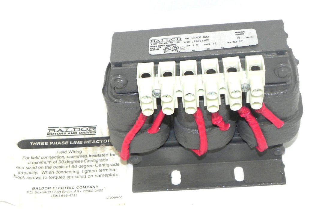 NIB BALDOR LRAC01802 THREE PHASE REACTOR SPEC. LR0034A05 AMPS 18