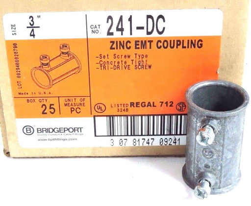 BOX OF 15 NEW BRIDGEPORT 241-DC 3/4 ZINC EMT COUPLINGS 241DC