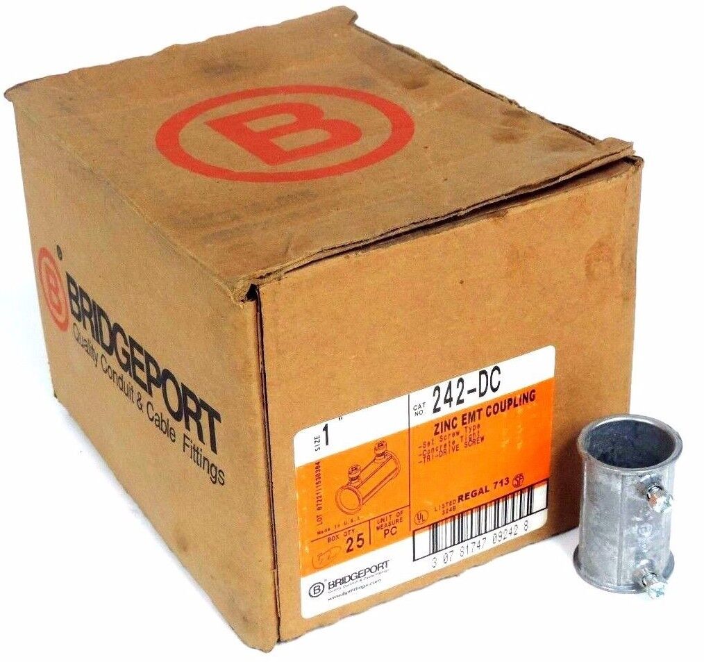 BOX OF 32 BRIDGEPORT 242-DC 1" ZINC EMT COUPLING 242DC