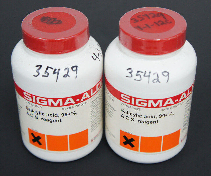LOT OF 2 NEW SIGMA-ALDRICH 247588-100G SALICYLIC ACID BOTTLES 99+% A.C.S REAGENT