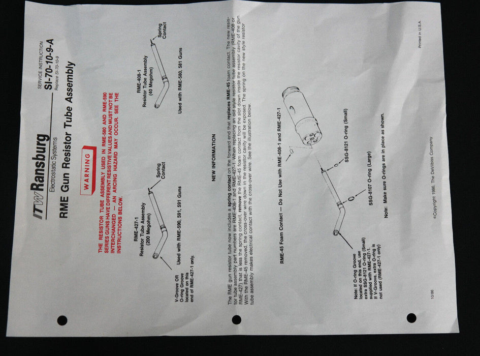 NEW ITW RANSBURG SRME-427-1 RME GUN RESISTOR TUBE ASSEMBLY RME4271