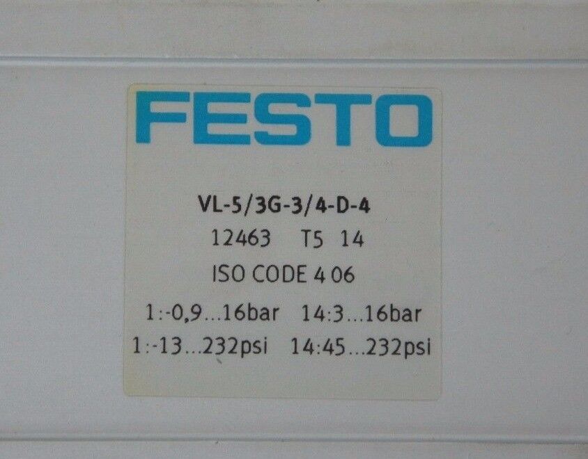 NIB FESTO 12463 PNEUMATIC VALVE VL-5/3G-3/4-D-4