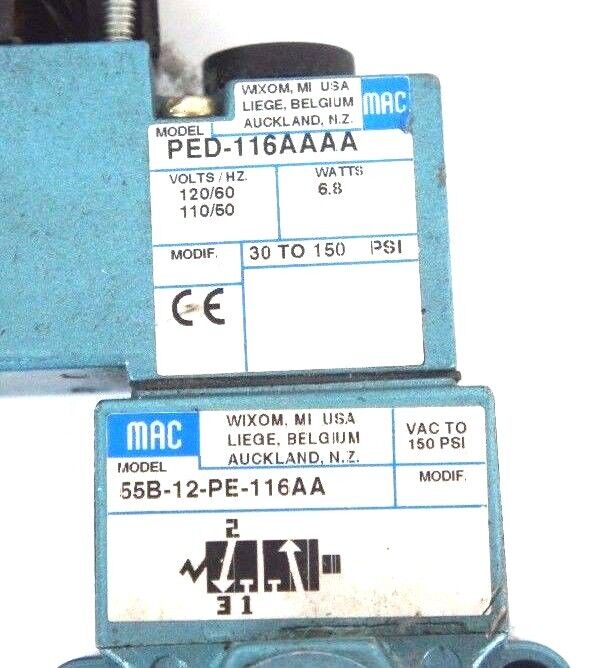 MAC 55B-12-PE-116AA VALVE W/ PED-116AAAA, 6.8 WATTS, 30 TO 150 PSI CRACK ON COIL