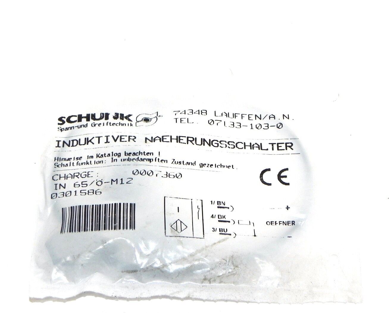 NEW SCHUNK 0301586 INDUCTIVE PROXIMITY SENSOR IN 65/O-M12