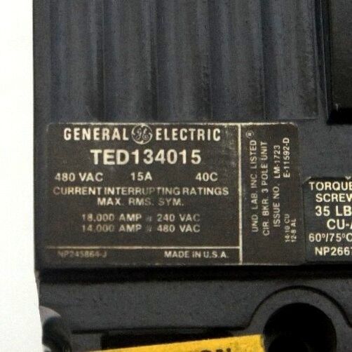 NIB GENERAL ELECTRIC TED134015 CIRCUIT BREAKER 15AMP 3 POLE TED134015WL
