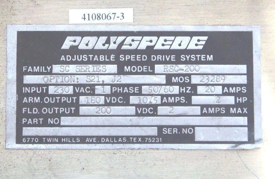 POLYSPEDE RSC-200 ADJUSTABLE SPEED DRIVE SYSTEM SC SERIES RSC200 2HP 1PHASE