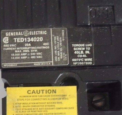 NIB GENERAL ELECTRIC TED134020WL CIRCUIT BREAKER 480VAC 20A 40C TED134020