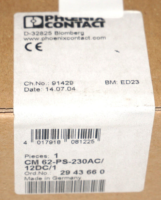 FACTORY SEALED PHOENIX CONTACT CM 62-PS-230AC/12DC/1 POWER SUPPLY 2943660