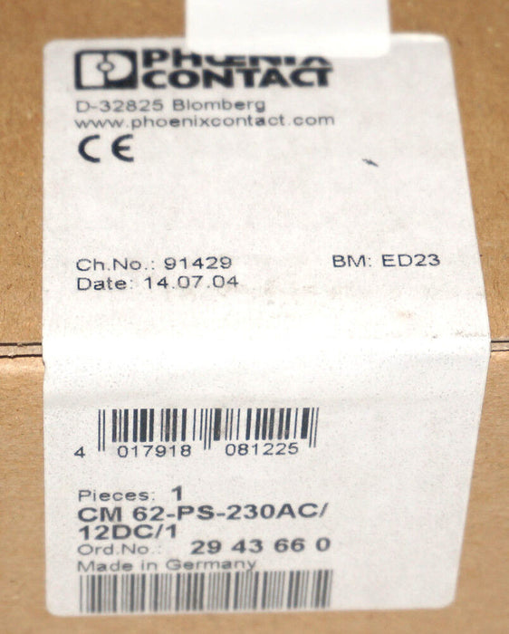 FACTORY SEALED PHOENIX CONTACT CM 62-PS-230AC/12DC/1 POWER SUPPLY 2943660
