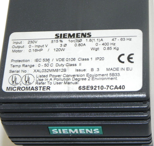 NIB SIEMENS 6ES92 P/N: A1-101-415-538 MICROMASTER STARTER KIT, 6SE9210-7CA40