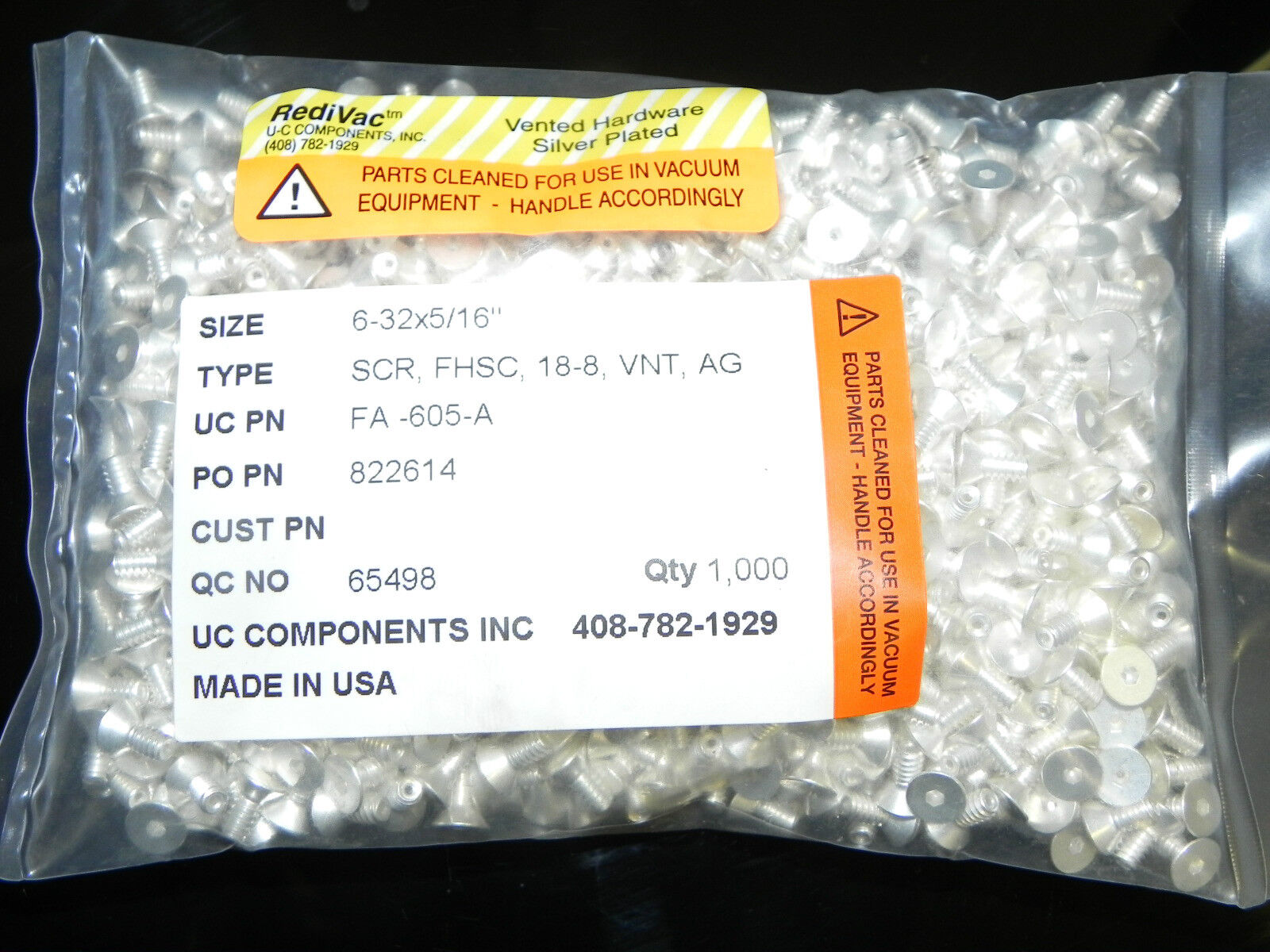 BAG OF 1000 VENTED SILVER PLATED SCREWS 6-32X5/16" HEX HEAD FA-605-A REDIVAC