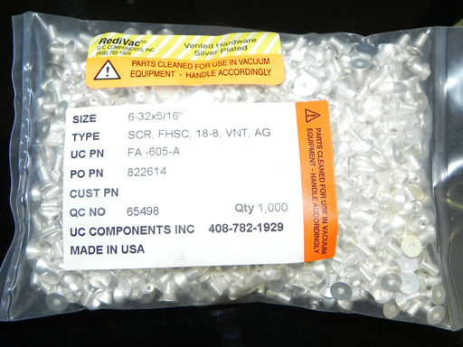 BAG OF 1000 VENTED SILVER PLATED SCREWS 6-32X5/16" HEX HEAD FA-605-A REDIVAC
