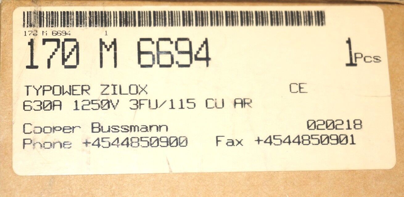 NIB BUSSMANN 170-M-6694 FUSE 630A 1250V 3FU/115 CU AR, 170M6694