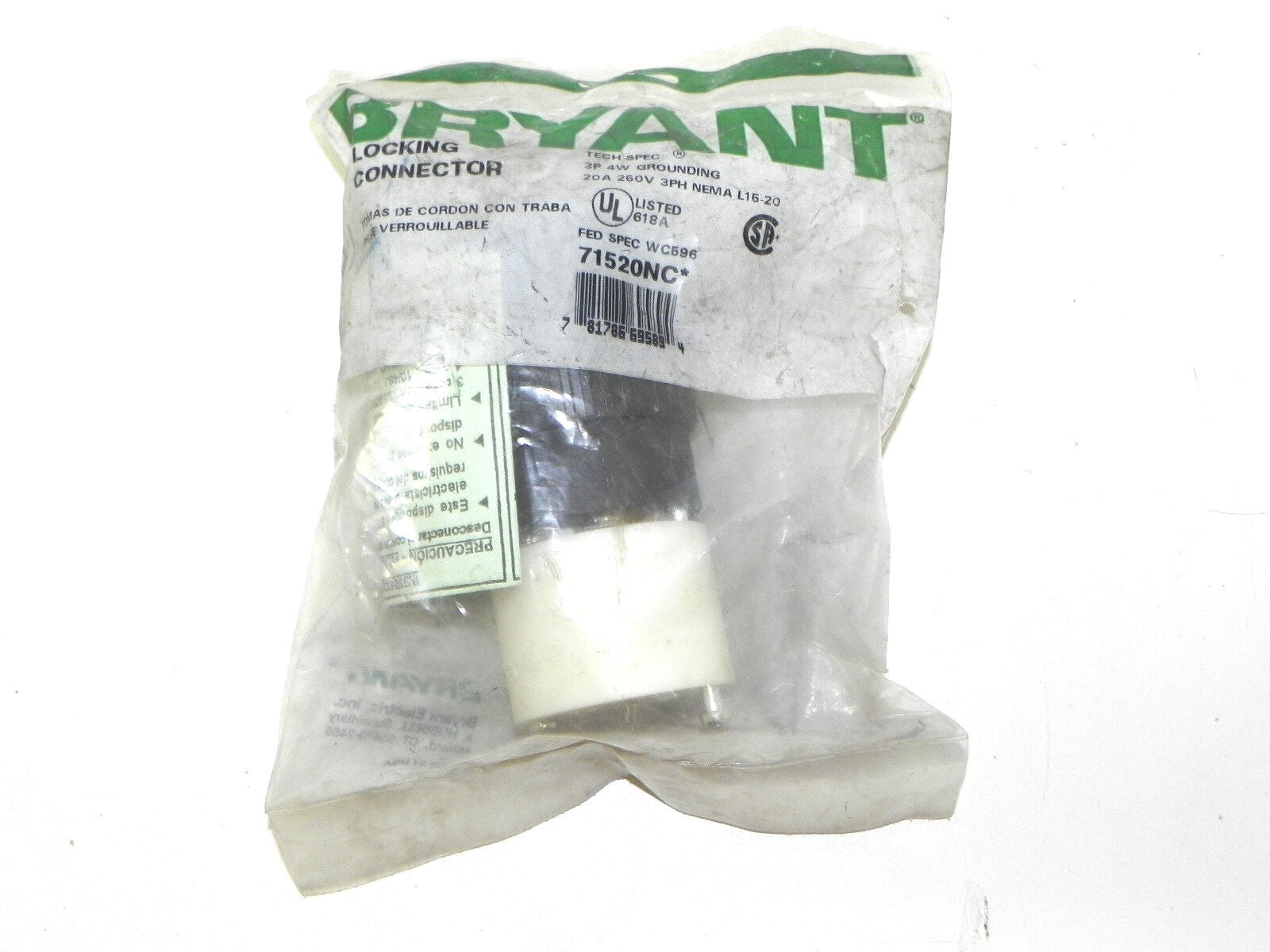 NEW BRYANT 71520NC LOCKING CONNECTOR 20A, 250V, L15-20