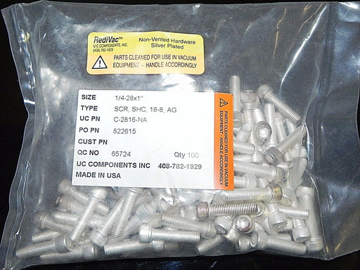 BAG OF 100 NON-VENTED SILVER PLATED SCREWS 1/4-28X1" HEX HEAD C-2816-NA REDIVAC