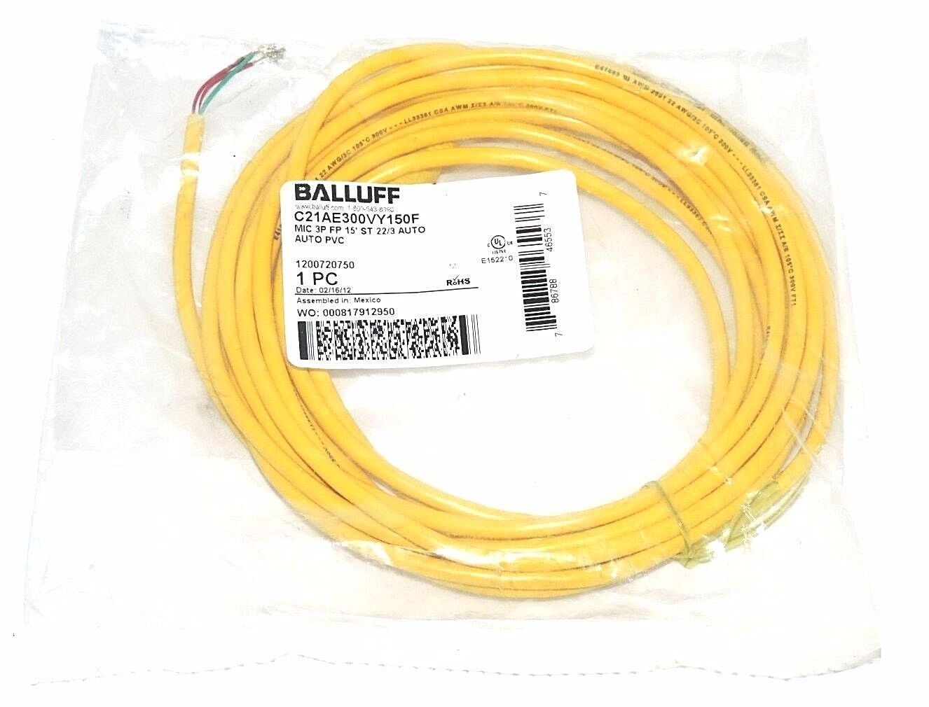 NEW BALLUFF C21-AE-300-VY-150F 1/2" CORDSET C21AE300VY150F