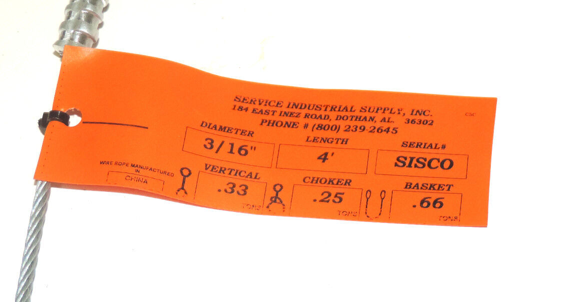 NEW SERVICE INDUSTRIAL SUPPLY 4' WIRE ROPE SLING 3/16" DIAMETER