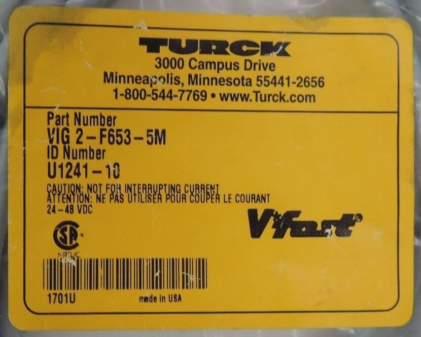 NEW TURCK VIG 2-F653-5M CORDSET ID #: U1241-10 24-48VDC, VIG2F6535M