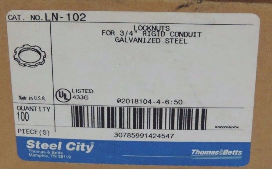 NIB THOMAS & BETTS LN-102 LOCKNUTS FOR 3/4" RIGID CONDUIT QTY 100