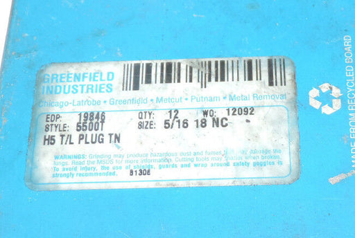 BOX OF 5 GREENFIELD INDUSTRIES 19846 PLUG TAPS STYLE 5500T 5/16 18NC H5 T/L PLUG