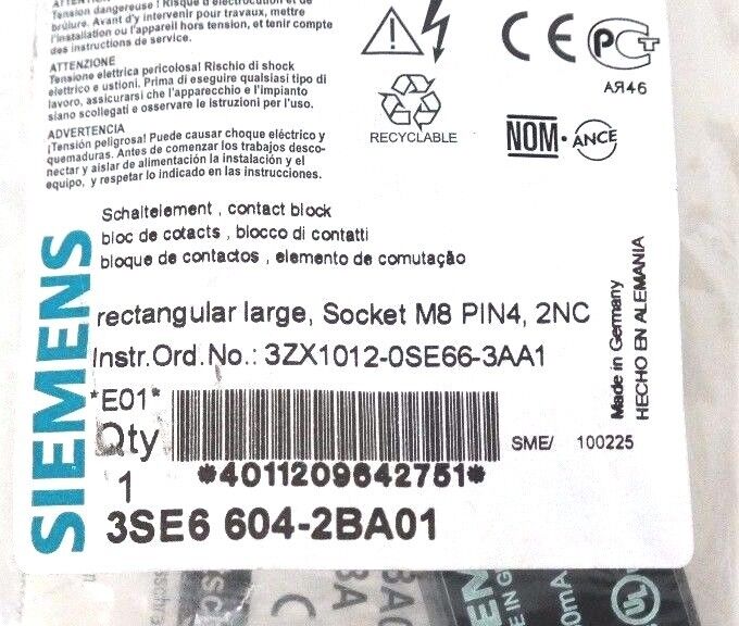 NIB SIEMENS 3SE6 604-2BA01 LARGE SOCKET 3SE66042BA01, 3ZX1012-0SE66-3AA1