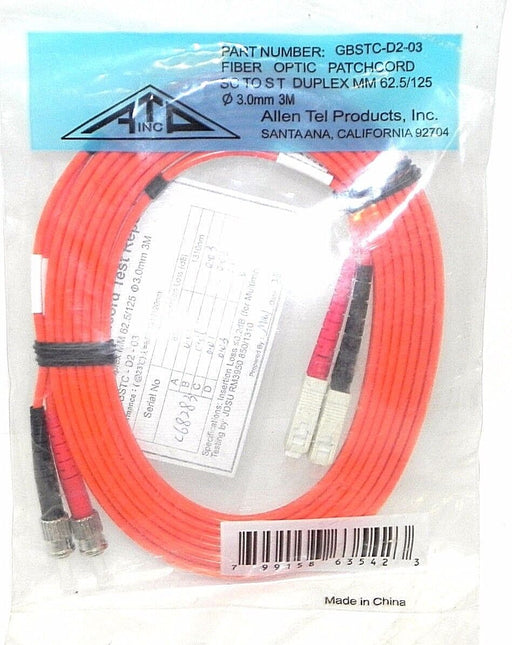 NEW ALLEN TEL PRODUCTS GBSTC-D2-03 FIBER OPTIC PATCHCORD 3.0mm 3M