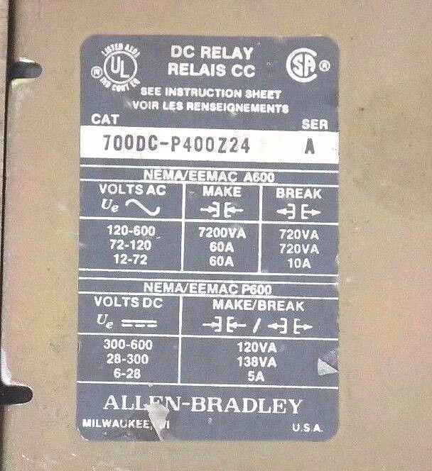 ALLEN BRADLEY 700DC-P400Z24 DC RELAY SER. A, TYPE P, 24VDC, PD714 COIL