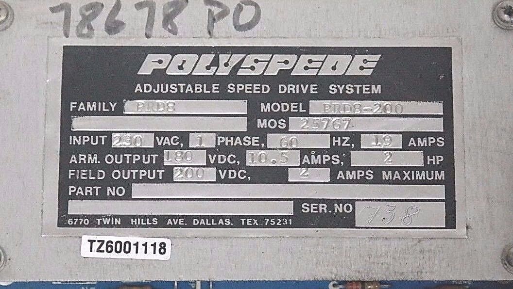 POLYSPEDE MODEL PRD8-200 ADJUSTABLE SPEED DRIVE 2HP, 1 PHASE, PRD8200