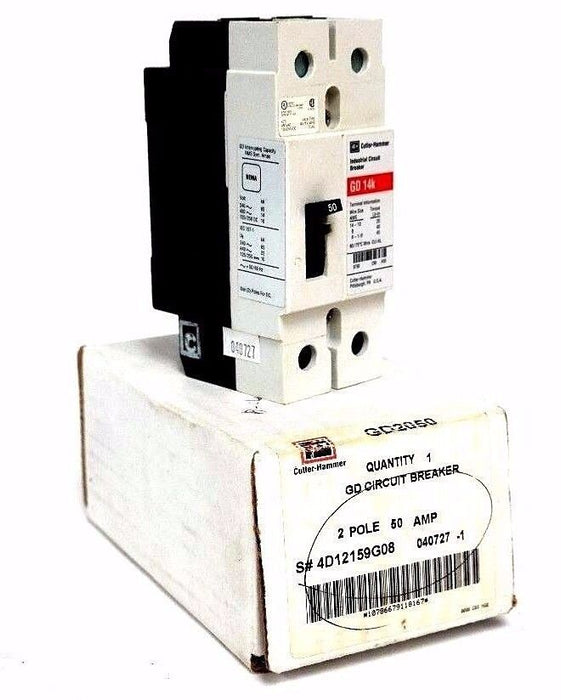 NIB CUTLER HAMMER GD2050 CIRCUIT BREAKER, GD 14K, 2POLE, 50AMP, 4D12159G08 GD14K