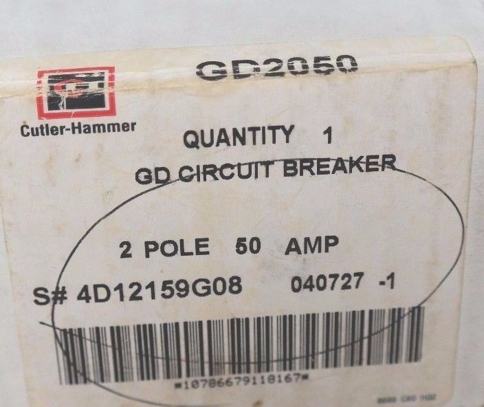 NIB CUTLER HAMMER GD2050 CIRCUIT BREAKER, GD 14K, 2POLE, 50AMP, 4D12159G08 GD14K