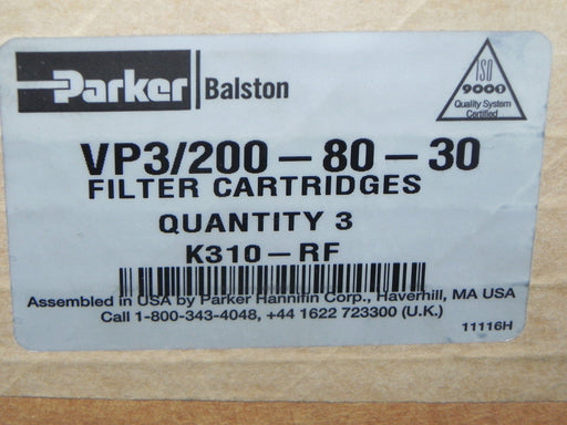 (3) PARKER VP3/200-80-30 FILTER CARTRIDGES QTY: 3 K310-RF VP200 TUBES NEW IN BOX