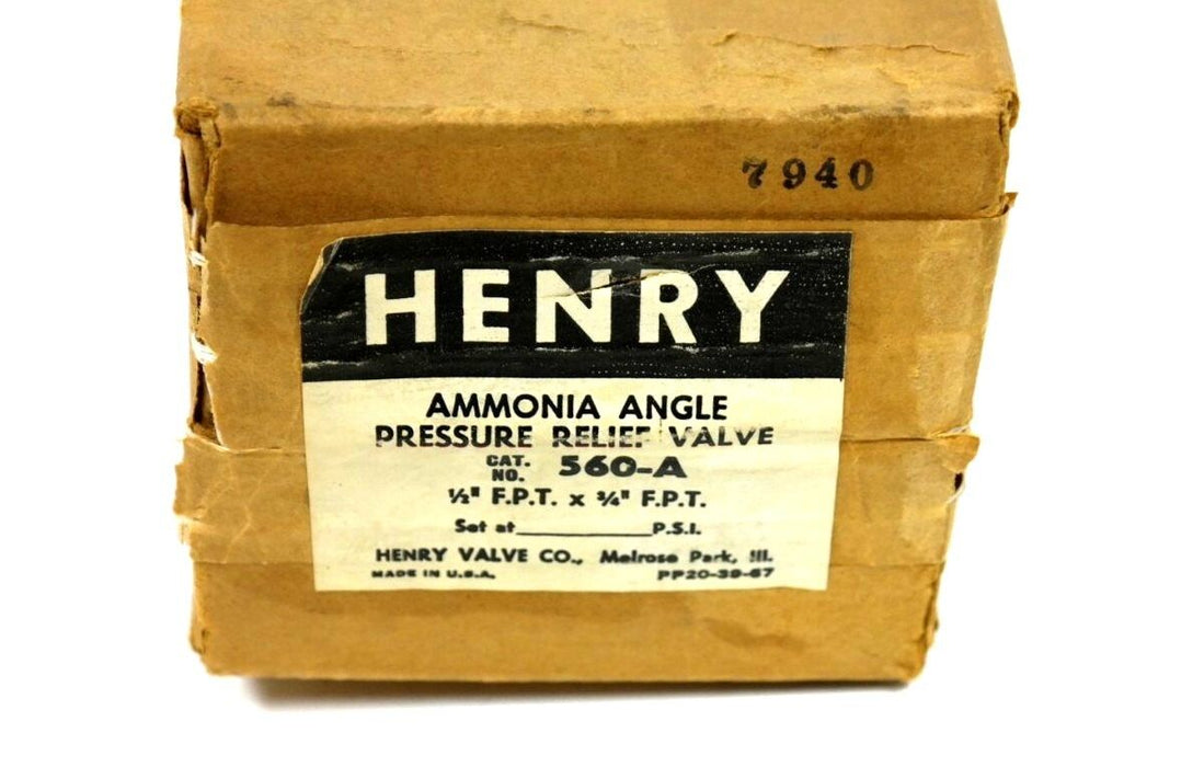NIB HENRY 560-A PRESSURE RELIEF VALVE AMMONIA ANGLE TYPE 1/2'' F.P.T. X 3/4''
