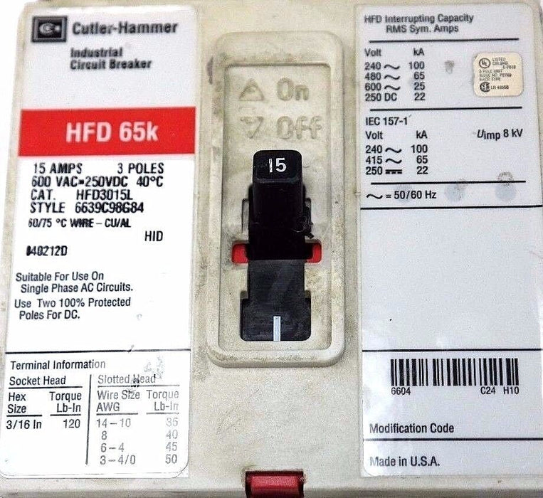 CUTLER HAMMER HFD65K CIRCUIT BREAKER HFD3015L, 6639C98G84, 15AMPS, 3POLES