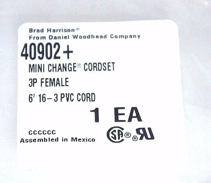 NIB BRAD HARRISON 40902+ MINI CHANGE CORDSET 3P FEMALE 6" 16.3 PVC CORD 96411L