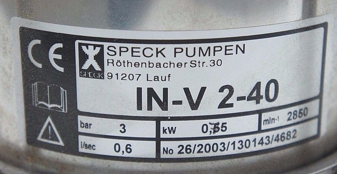 NIB SPECK PUMPEN IN-V 2-40 MULTISTAGE CENTRIFUGAL PUMP DSKG80A-2 AG67839 MOTOR