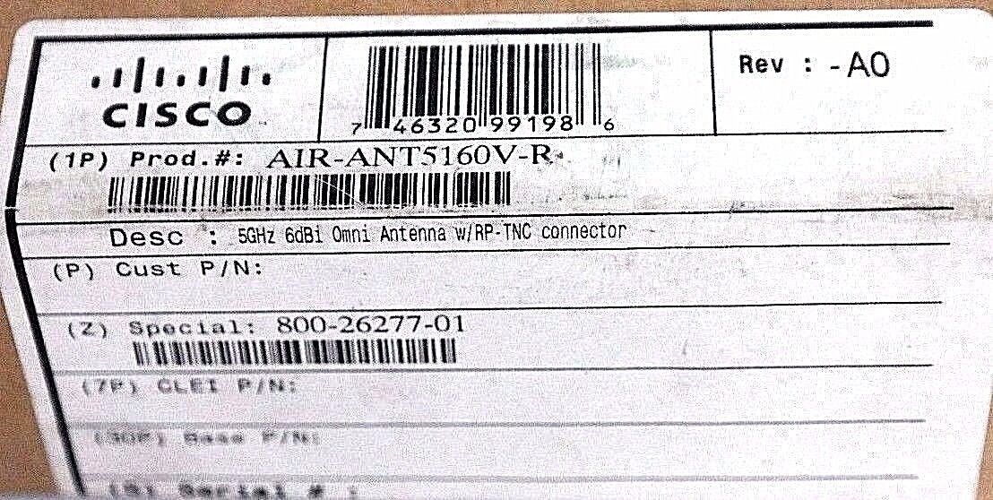 NIB CISCO AIR-ANT5160V-R 50HZ 6DBI OMNI ANTENNA W/ RP-TNC CONNECTOR REV: -A0