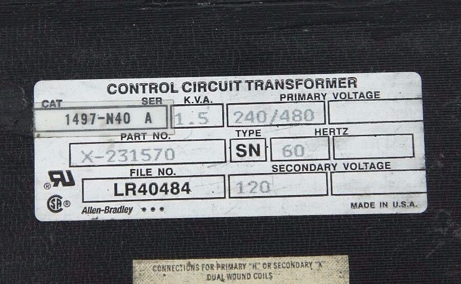 NIB ALLEN BRADLEY 1497-N40 SER. A 1500VA CONTROL CIRCUIT TRANSFORMER 1497N40